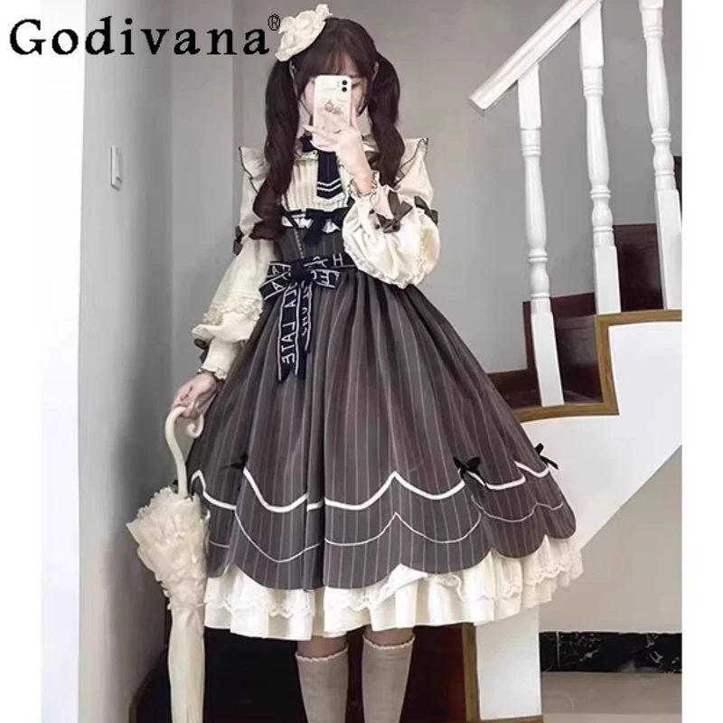 رائع الحلو لوليتا اليومية OP فستان أنثى لطيف أنيق لوليتا فستان الأميرة المرأة ربيع الخريف طويلة الأكمام القوس فستان