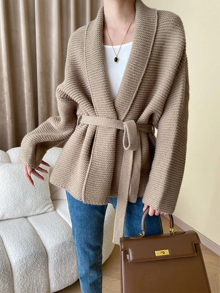 Knitted Cardigan Sweater Loose Lace Up Waist Retraction Oversized Cardigan Autumn New Grey Warm Fashion Coats for Women 2024