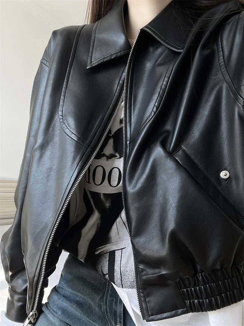 Spice Girl Senior Black Motorcycle Leather Coat Female 2023 Spring Summer New Vintage Casual All-match Leather Jacket Short Top