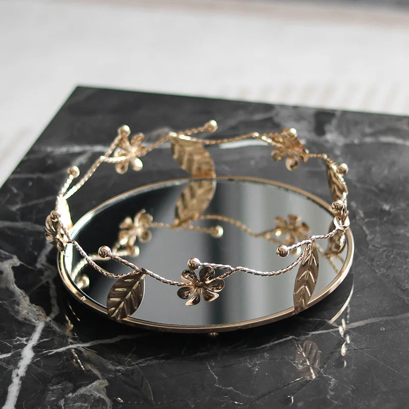 

Creative Art Branches Circular Metal Storage Tray Desktop Ornament Metal Hollow Mirror Tray Countertop Key Storage Home Decor
