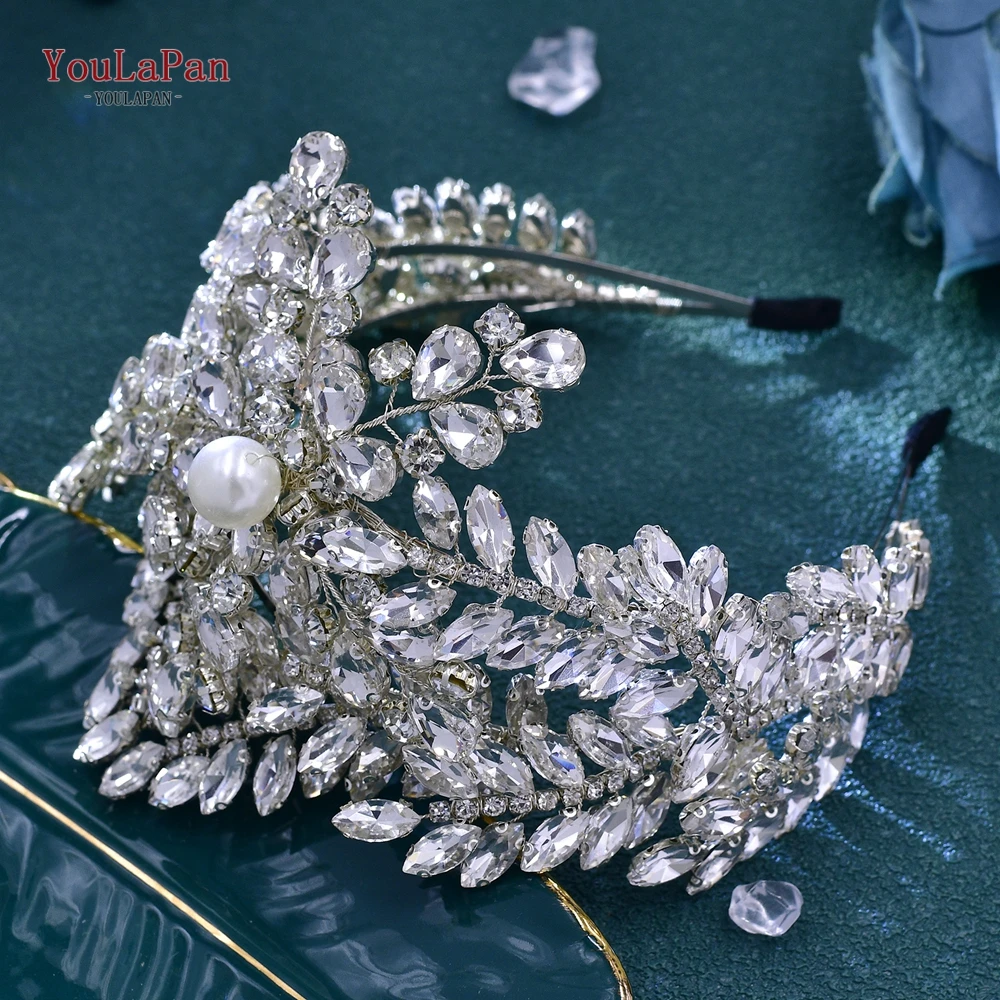 TOPQUEEN Bridal Rhinestone Crown Headband Silver Color Elegant Wedding Hairpiece Handmade Bridal Glitter Headpiece HP699