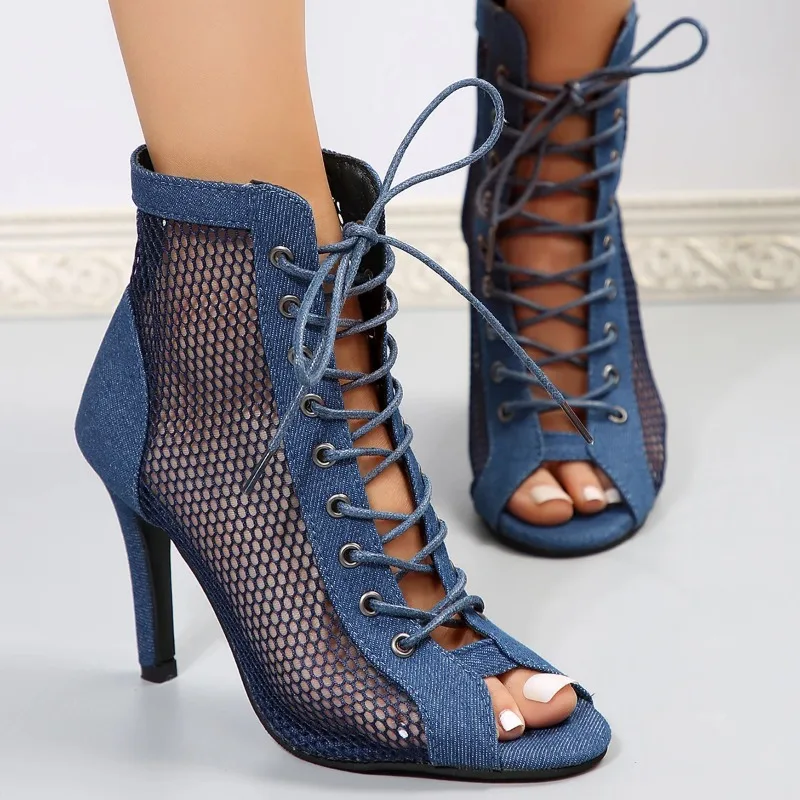 New Sexy High Heels Hollow Mesh Sandals Summer Fashion Trend Comfort Peep Toe Boots Stilettos Jazz Dance Female Shoes Plus Size