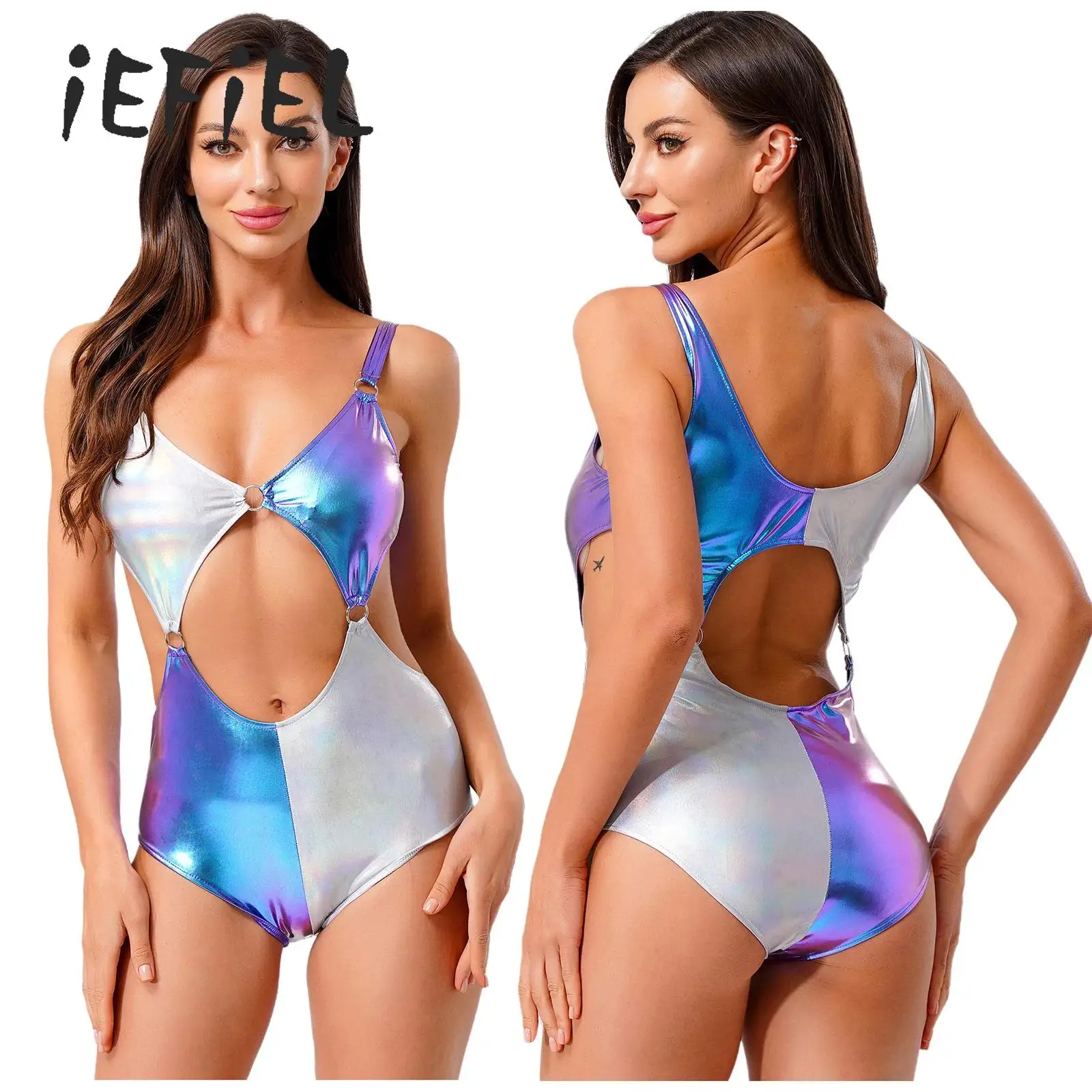 

Womens Sexy Cut Out One Piece Swimsuit Metallic Shiny Swimwear Contrast Color Holiday Bodysuits Beachwear Bathing Suit