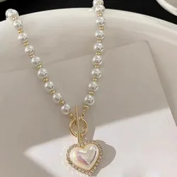 Simple Imitation-Pearl Beaded Short Choker Heart Pendant Necklace Trendy Beaded Chains on Neck Accessories 2023 Fashion Jewelry