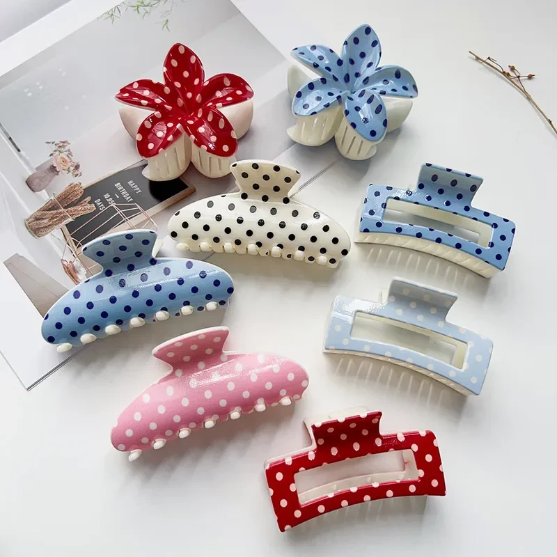 2026 Korean Acetate Black White Polka Dot Hair Claw For Women Simple Half Zip Shark Clip Hair Claw Hair Accessories Headwear