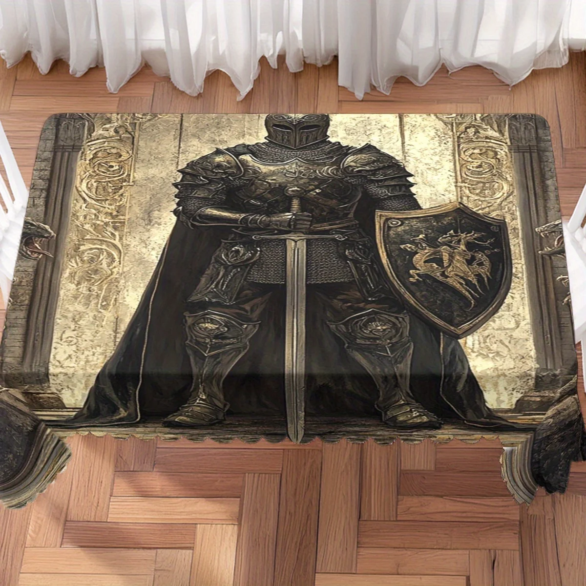 Vintage Tablecloth, Medieval Knight Armor Sword Shield Print Rectangular Washable Table Cover for Dining & Themed Party Decor