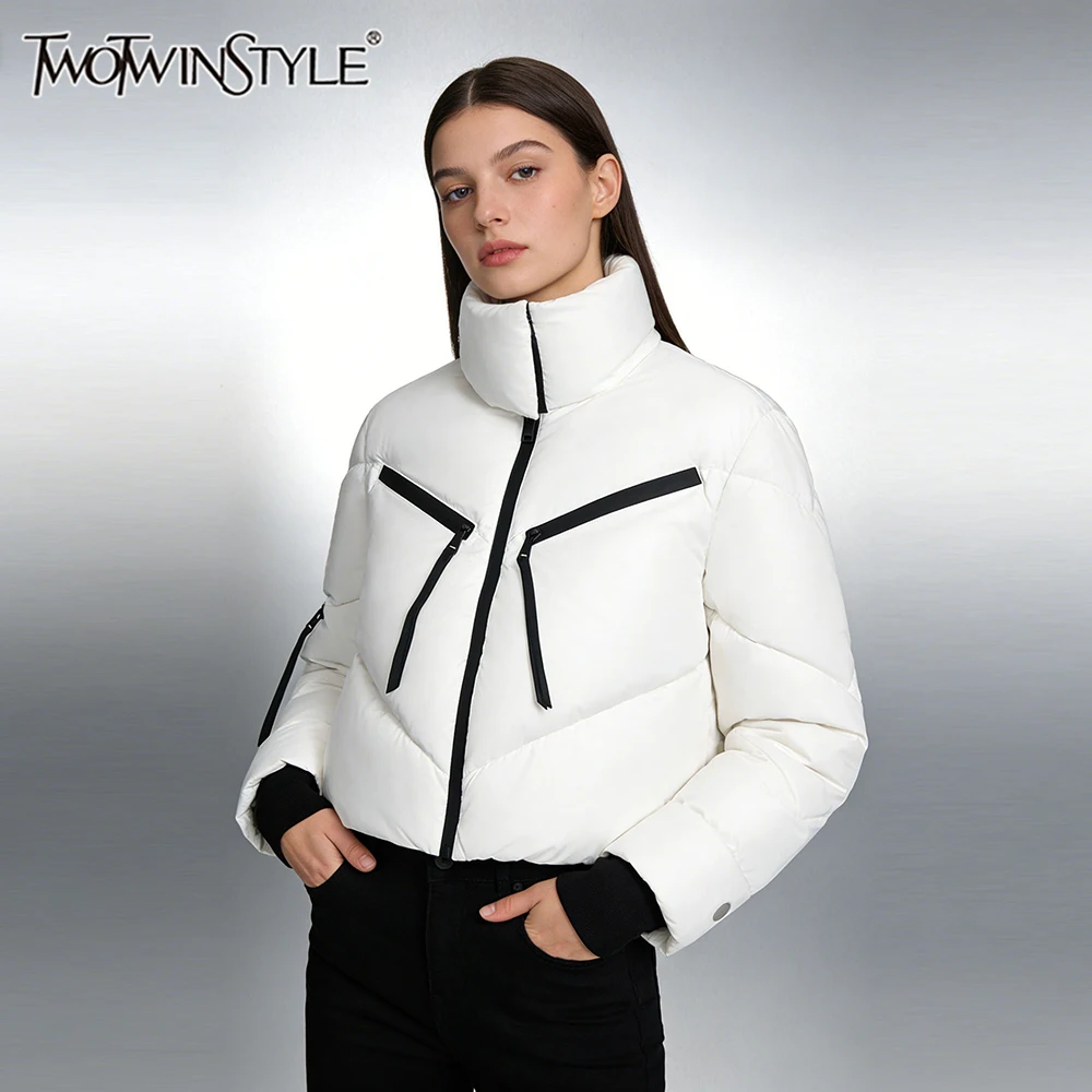 TWOTWINSTYLE Hit Color Slimming Spliced Zippers Basics Parkas for Women High Neck Long Sleeves Fashion Short Parka Female New