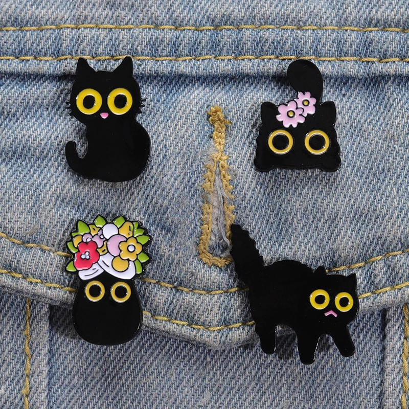 Cute Kawaii Enamel Pins Metal Brooches Animal Cat with Flower Decorative Badge Jewelry Lapel Pin Backpack Clothes Accessories