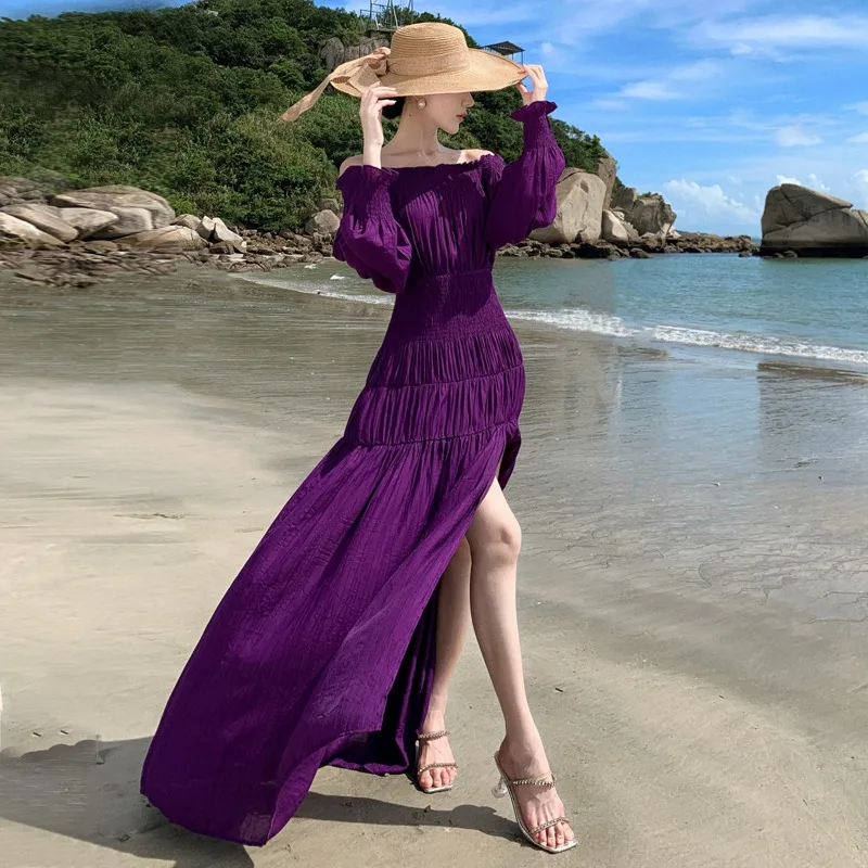 

Purple Women Slim Long Sleeve Formal Dress Maxi Summer High Slit Graceful Socialite Dress One Piece Beach Vacation Top Dress