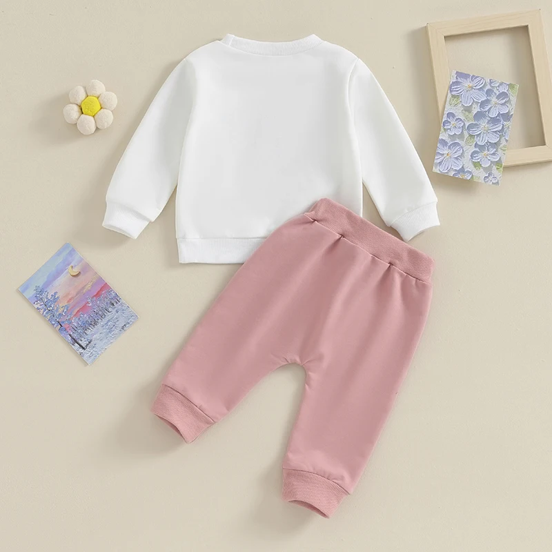 VISgogo 2pcs Toddler Baby Girl Cute Clothes Letter Embroidery Print Long Sleeve Sweatshirt Tops Long Pants Spring Fall Outfit