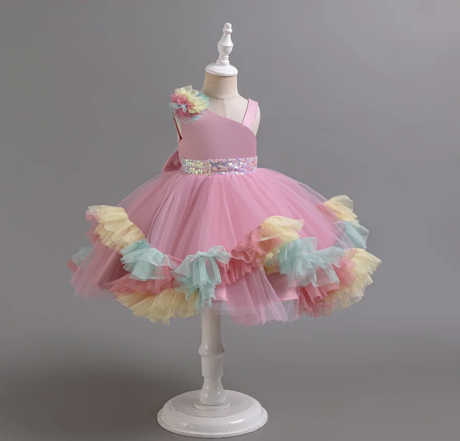 1-6 Years Girls Dancing Dress for Carnival Birthday Performance Kids' Dresses with Flowers Sash Strap Fluffy Costume