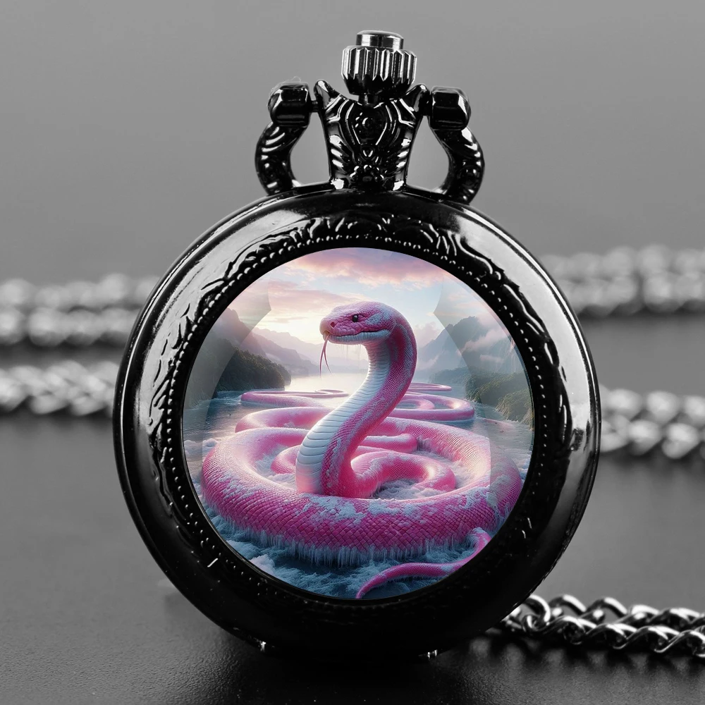 Pink Snake Design Glass Dome Fashion Arabic Numerals Quartz Pocket Watch Necklace Pendant Chain Mens Women Gifts