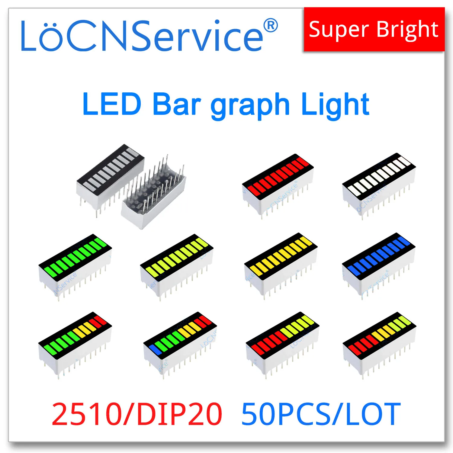 50PCS LED Bar graph Light 10-segment 2510 Yellow Blue Pure green Red White Bargraph single color digital display multi color