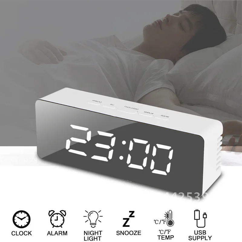 LED Mirror Clock Digital Alarm Clock with Dimmer Snooze Temperature Function for Bedroom Office Travel Battery USB Powered