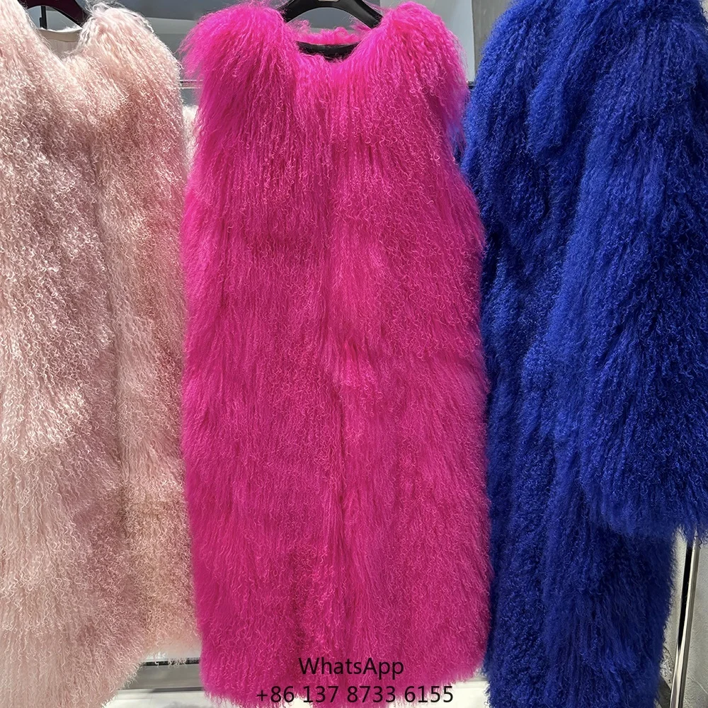 

Зимняя женская жилетка из натурального овечьего меха 2025 года, элегантная длинная жилетка из меха цвета розовой розы для женщин