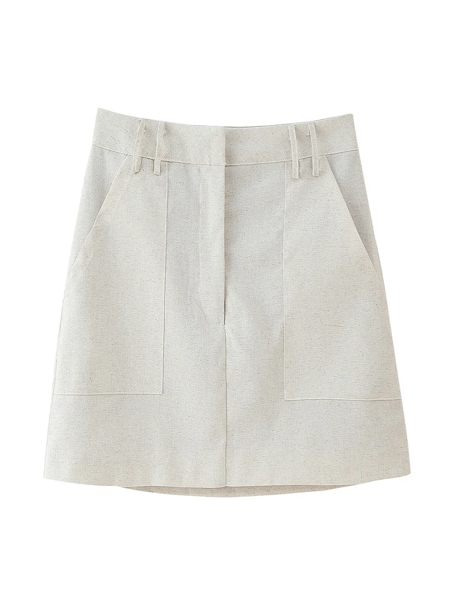 

2025 Pocket-Detailed Cotton-Linen Skirt Elegant, Fashionable, New Style, Comfortable Office Wear, Casual, Versatile, Vintage, Fl