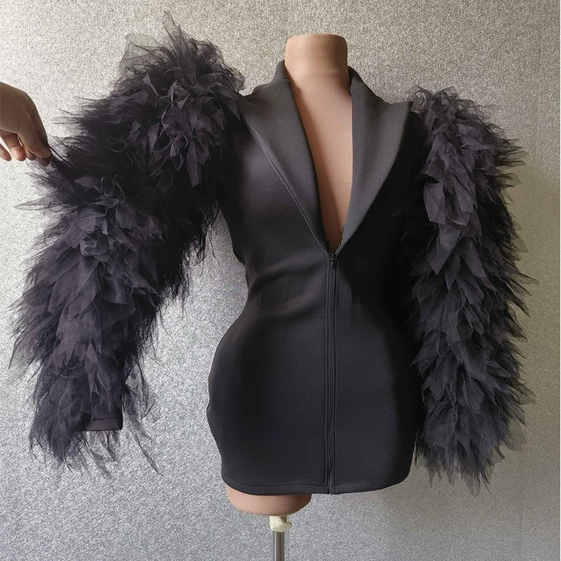 

Black Fur Sleeves Prom Mini Dresses Women Party Festival Outfit Birthday Celebrate Dress Stage Show Gogo Dance Costume XS7081