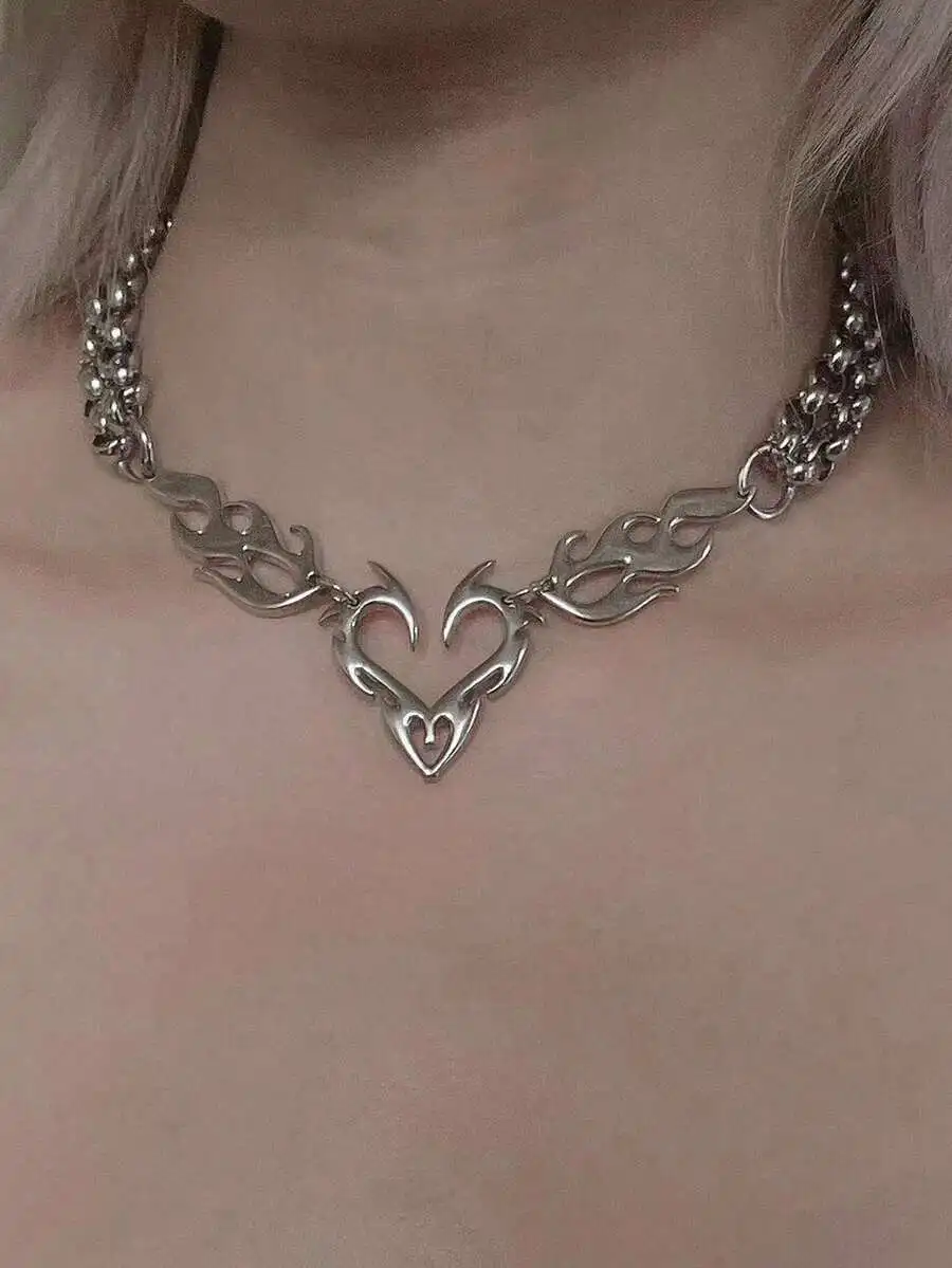 

Punk Hollow Flame Heart Pendant Necklace For Women Hip Hop Party Jewelry Gift