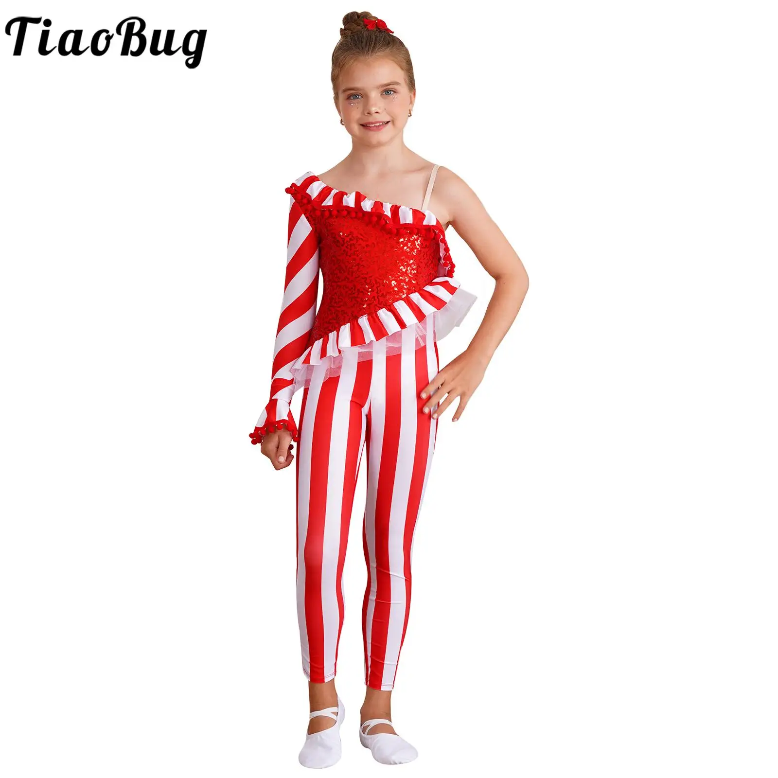 

Kids Girls Christmas Candy Cane Striped Jumpsuit Shiny Sequins Dance Unitard Full Bodysuit Cosplay Stage Performance Costume