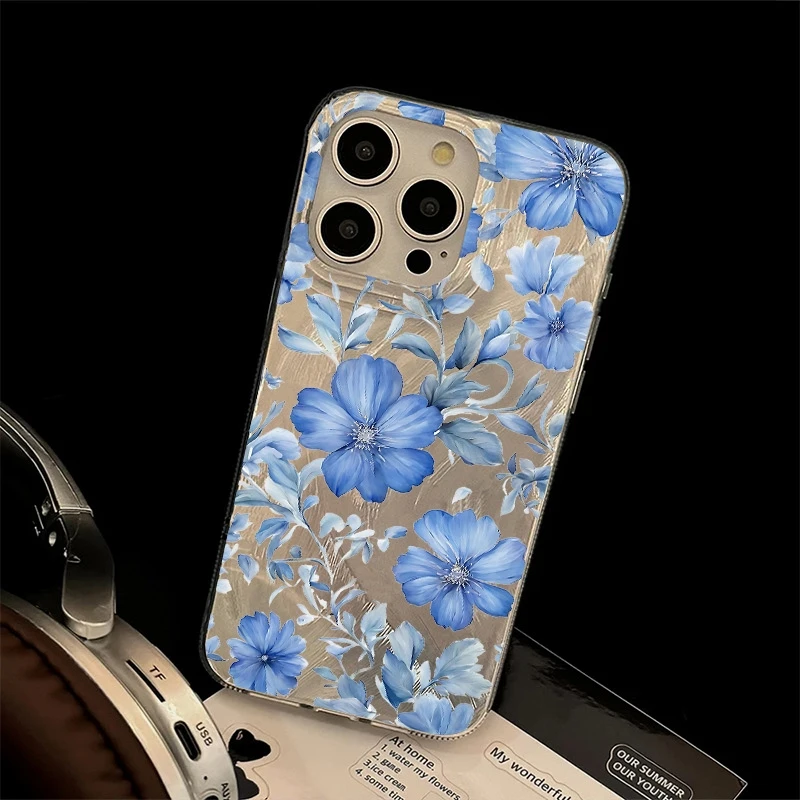 เคสโทรศัพท์สําหรับSamsung Galaxy S24 FE S23 Ultra S21 Plus S22 S25 A16 A36 A56 A55 A53 A54 A52 5Gสีแดงและดอกไม้สีฟ้ารูปแบบ