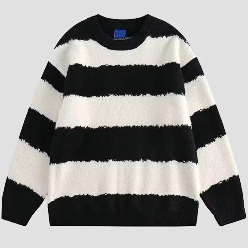 

Men's Black White Striped Oversized Sweater Knit Jumpers Autumn Winter Vintage Harajuku Comfortable Casual Knitted Sweater Male