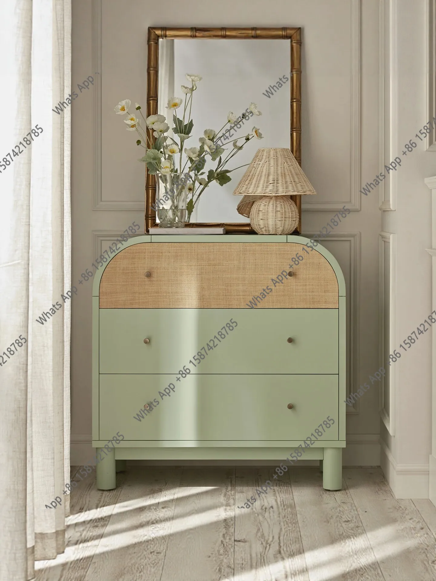 

Medieval green three-bucket cabinet retro living room storage solid wood decorative cabinet bedroom wall locker