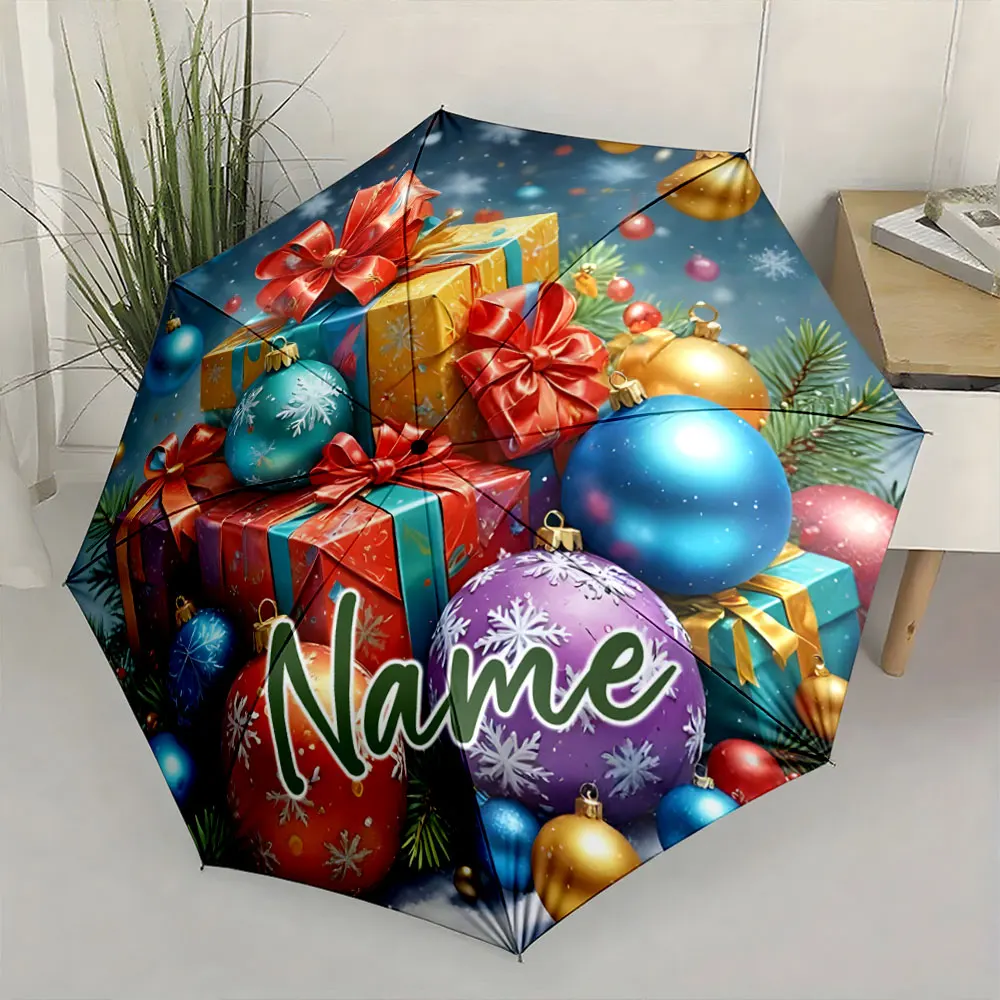 Custom Name Christmas Umbrella with Colorful Gift Festive Ornaments 8 Iron Ribs Folding Umbrella Auto-Open Fashion Sunshade