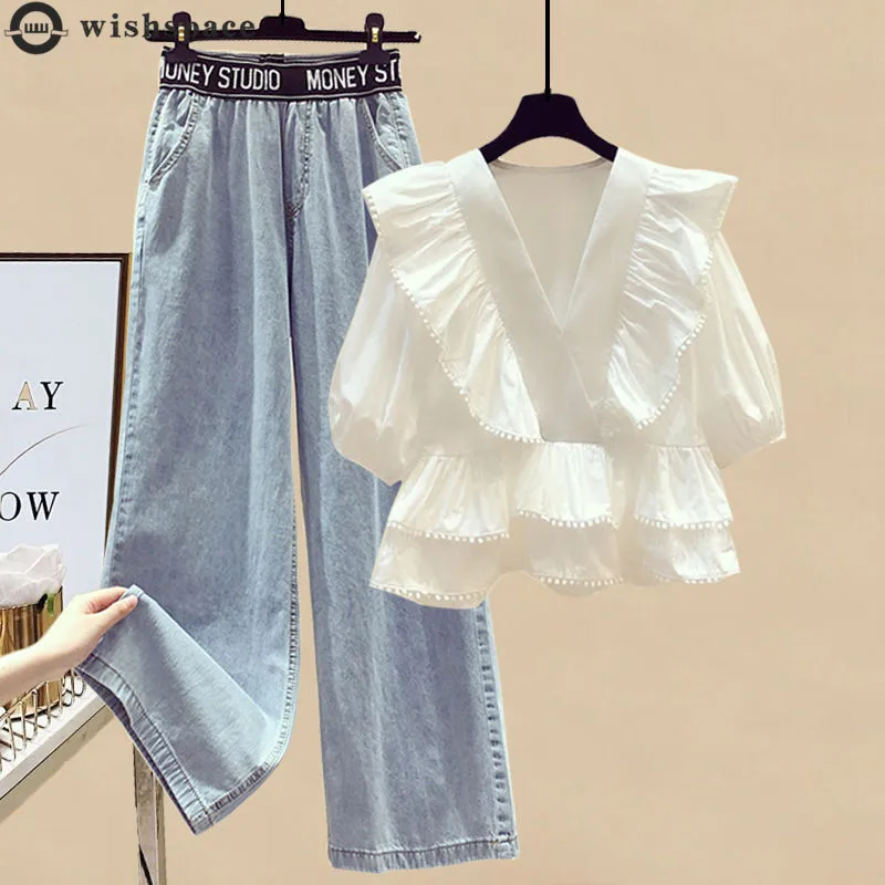 Summer Elegant Women's Pants Set Pleated Chiffon Shirt Top Sports Jeans Two-piece Set Trouser Suits Female Clothing Tracksuit