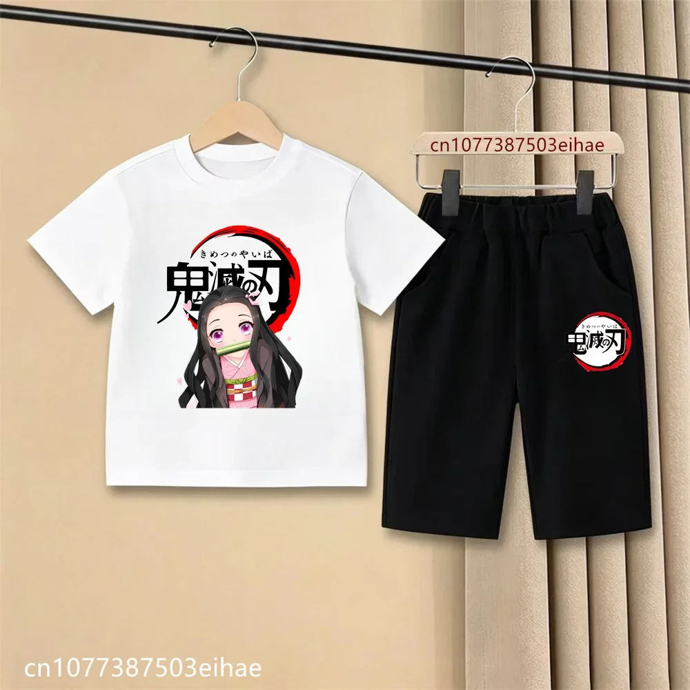 Demon Slayer 2026 All Season Kids Anime Comic T-Shirt Casual Shorts Ghost Blade Pattern Thin Breathable Summer Daily Wear Suit