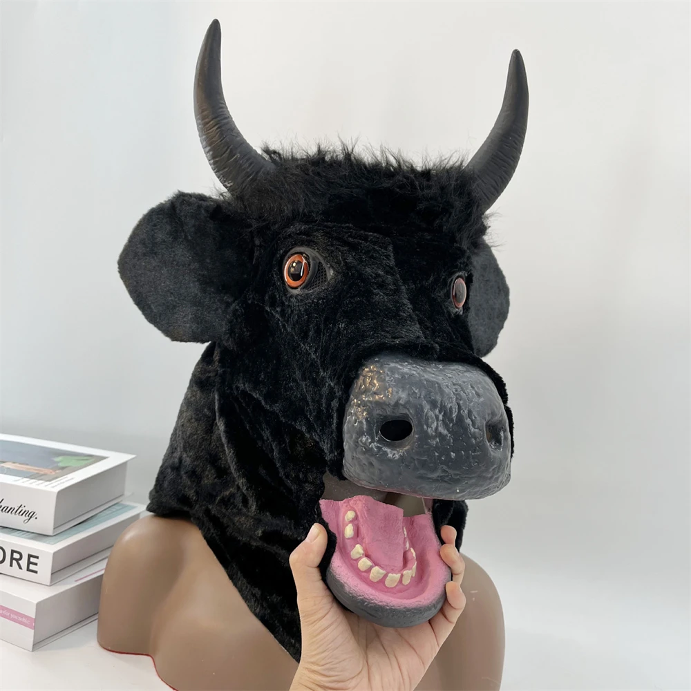 Black Bull Mask Halloween Realistic Plush Animal Head Cover Movable Jaw Black Cow Head Latex Mask Carnival Cosplay Costume Party