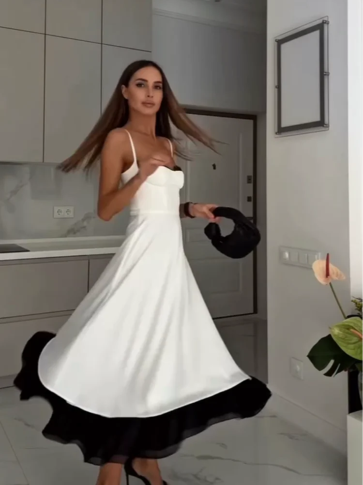 

Элегантное летнее платье миди Lady White с черным кружевом и контрастными вставками, с оборками по низу, свободного кроя А-силуэта, в стиле французского шика, для мероприятий, коллекция 2026