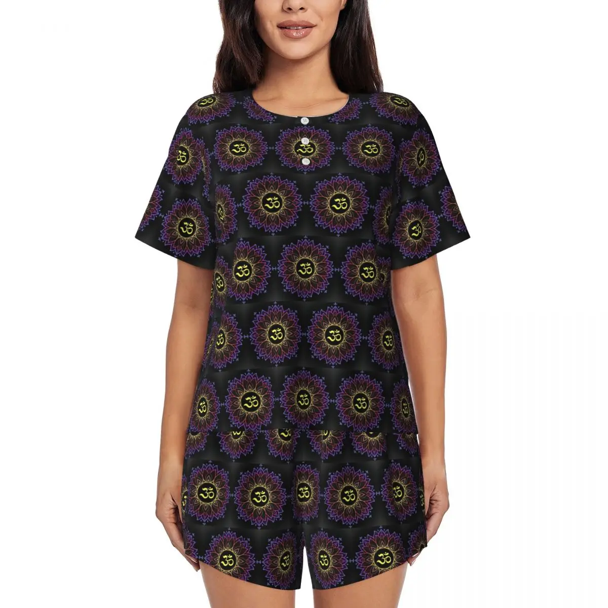

Gold Golden Mandala Om Yoga Aum Ohm Henna Round Neck Short Sleeves Nightdress for Sleeping Women Loose Pajama Set Short Pants