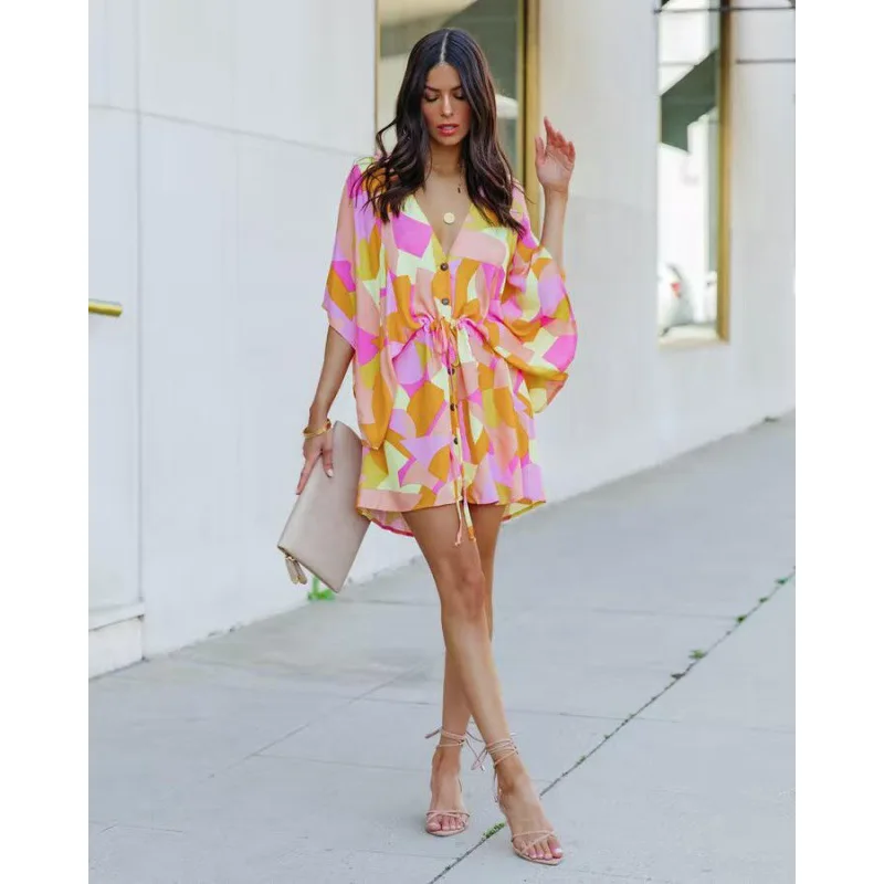 Dress Women Summer V-neck Button Strap Waist Batwing Sleeve Floral Print Dresses Casual Vestidos 2022 Dropshipping JQMY2025