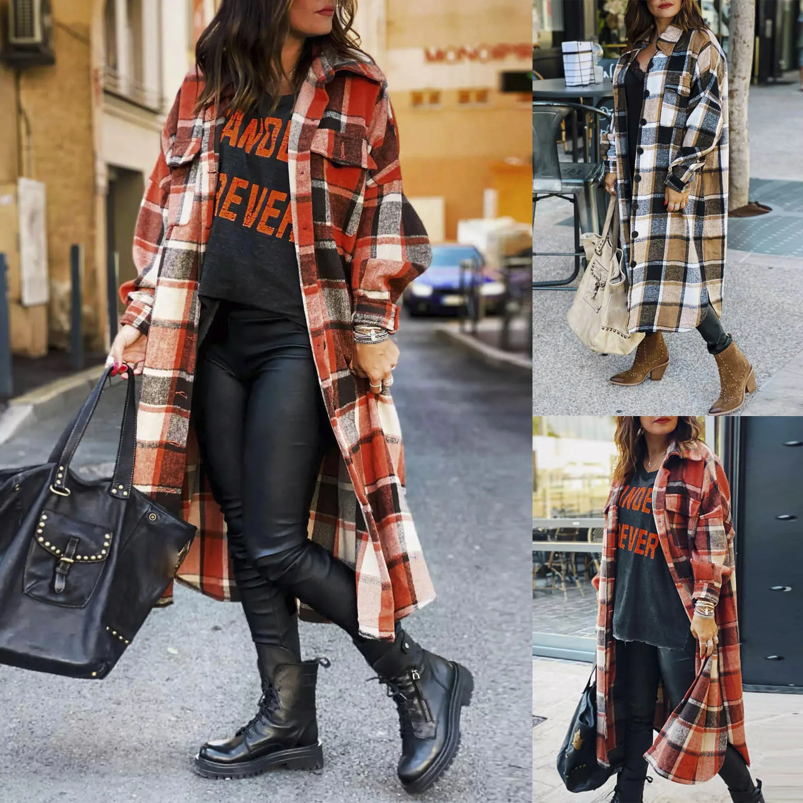 Plus Size Autumn Winter Ladies Plaid Coat Medium Length Side Opening Bag Style Fashionable Flip Collar Coat Street Trend Jacket