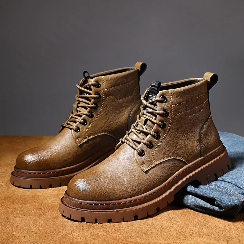 

Outdoor Mountaineering Work Boots for Men: 2025 New Big Yellow Boots, High-Top Height-Increasing British Style Durable Work Shoe