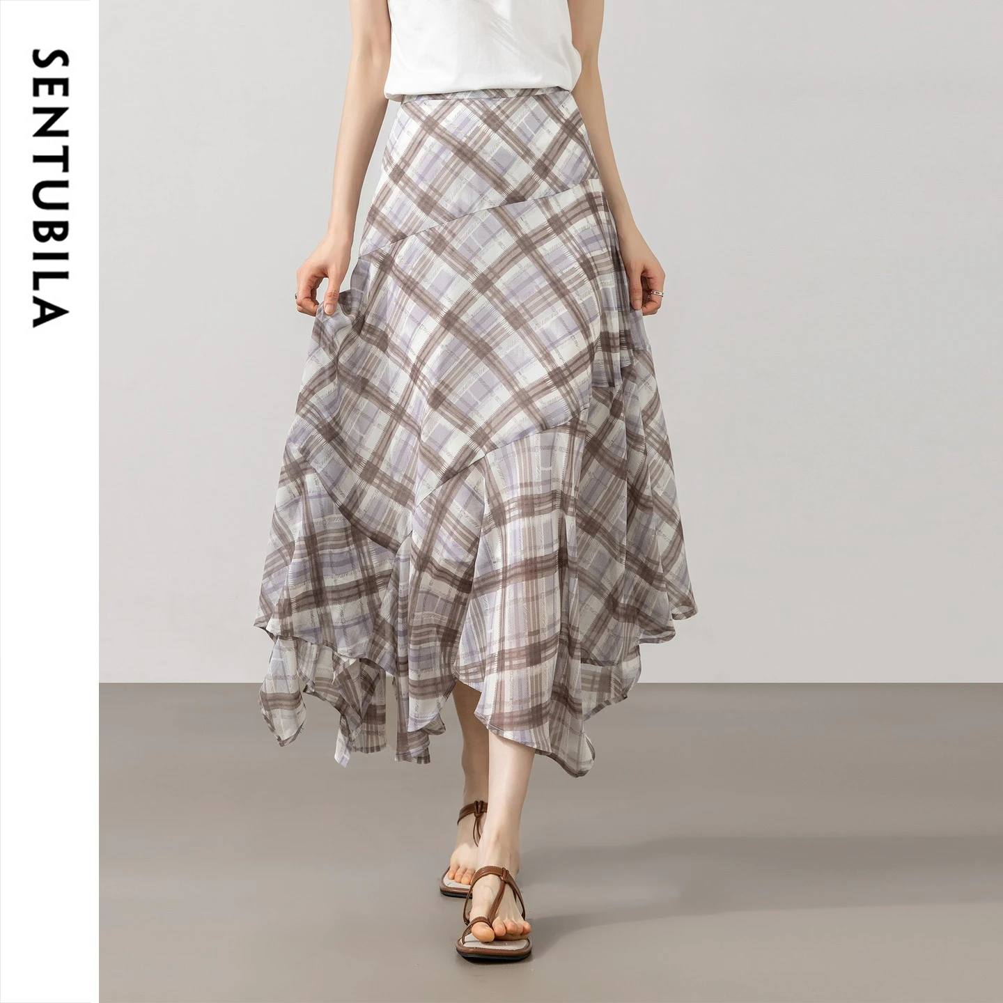 SENTUBILA Women's Summer Purple Plaid Skirt 2026 Woman Elastic Waist Irregular Mermaid Flowy Long Skirt Ladies Clothes 162QK7007