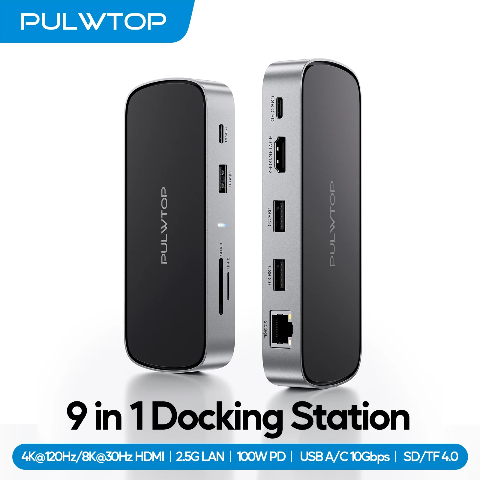 

Док-станция PULWTOP с HDMI 4K@120 Гц/8K@30 Гц, 2,5G LAN, 100 Вт PD, USB A/C 10 Гбит/с, SD/TF, совместимым с ноутбуком Full-Type-C