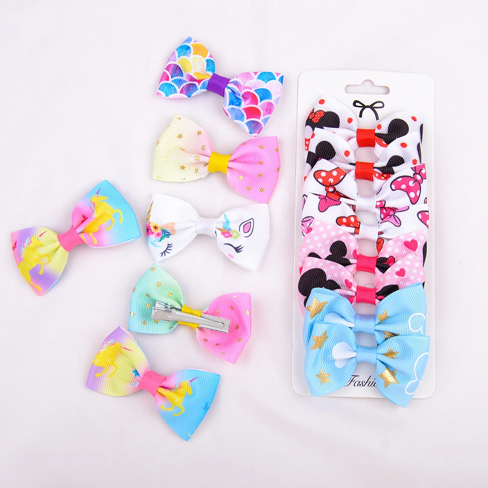 8 Pcs/set Grosgrain Ribbon Print Hair Bows With Clip For Cute Girls Hair Clips Hairpins Barrettes Headwear Kids Hair Accessories