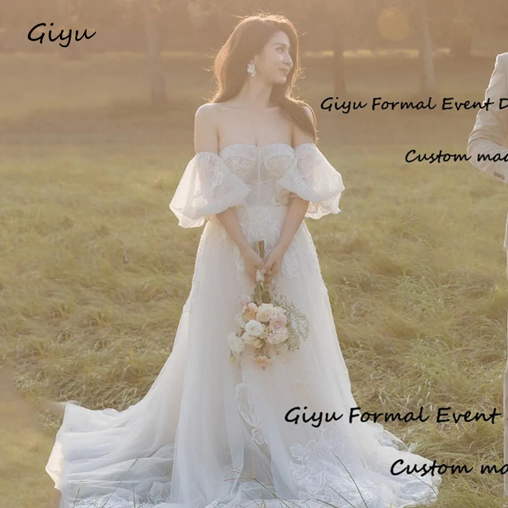 

Giyu Fairy Lace Followers Korea Wedding Dress Photo Shoot Off the Shoulder Floor-Length Vestidos Novias Boda 웨딩드레스