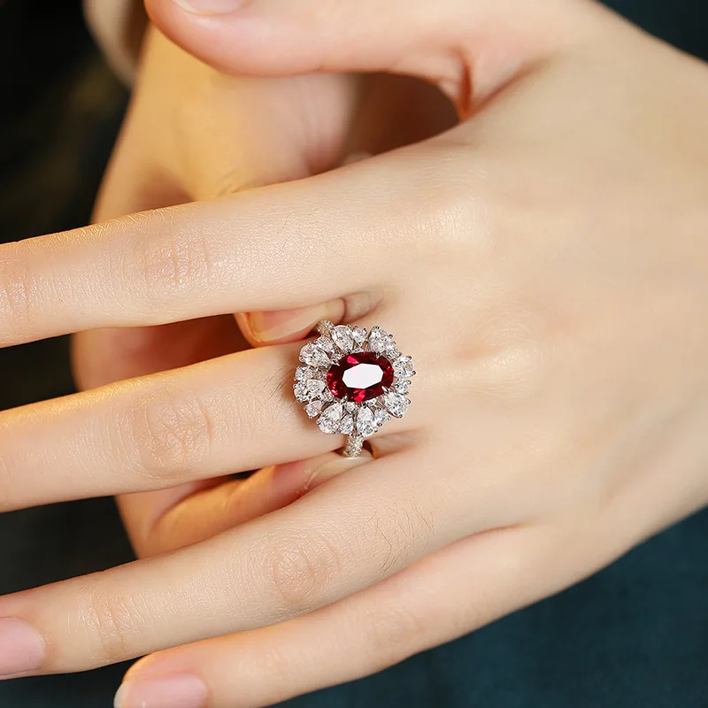 Luxury Jewelry Lab Grown Pigeon Blood Ruby 7*10MM Oval Cut AGL Certified Red Gemstones Silver Ring Women Jewelry