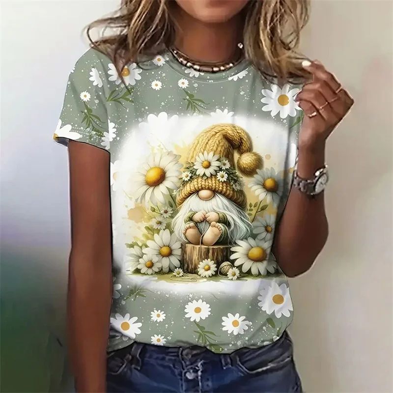 T-Shirt bonhomme de neige de noël imprimé en 3D pour femmes, t-shirt graphique fleur paon, t-shirts amples d'été, manches courtes, col rond