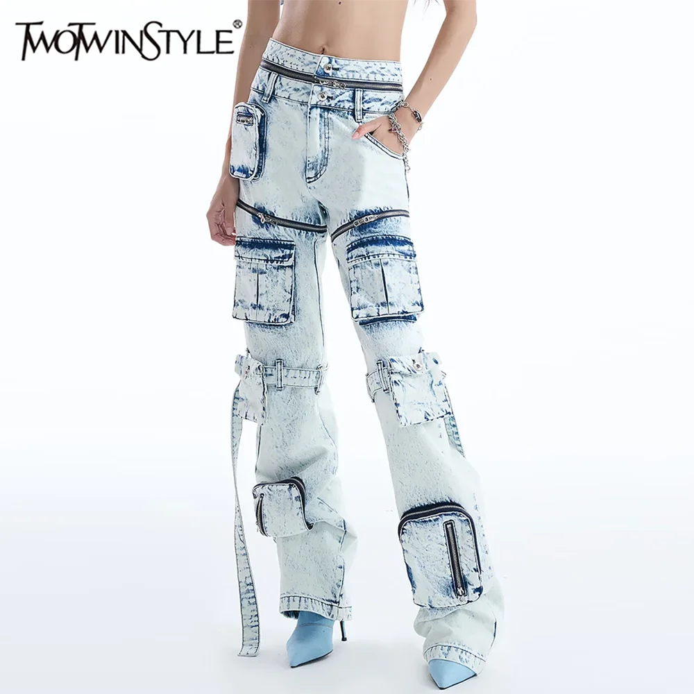 

TWOTWINSTYLE Vintage Cargo Jeans For Women High Waist Spliced Pockets Slimming Designer Streetwear Pants Female Fashion Style