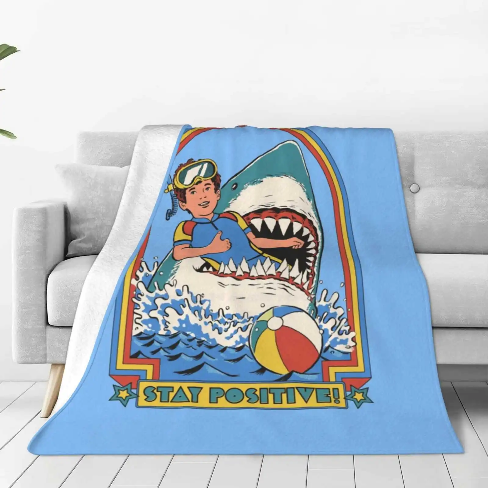 Stay Positive Shaggy Throw Soft Warm Blanket Sofa/Bed/Travel Love Gifts Shark Funny Nostalgia 80S 70S Retro Vintage Activities