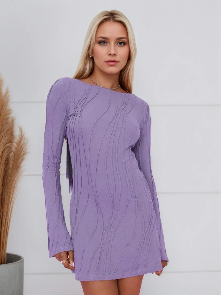 

Autumn Winter Wavy Stripes Rib Knitted Slim Dress Women Solid Color Long Sleeved Loose Dress Elegant Club Party Wear