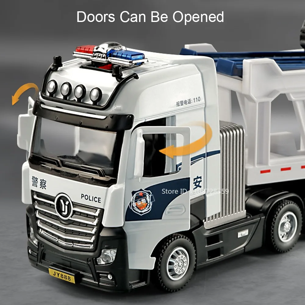รถบรรทุกตำรวจของเล่นจำลองโลหะผสม 1:50 พร้อมเสียง ไฟ ประตูเปิดได้ ดึงหลังวิ่งได้ ของขวัญสำหรับเด็กผู้ชาย