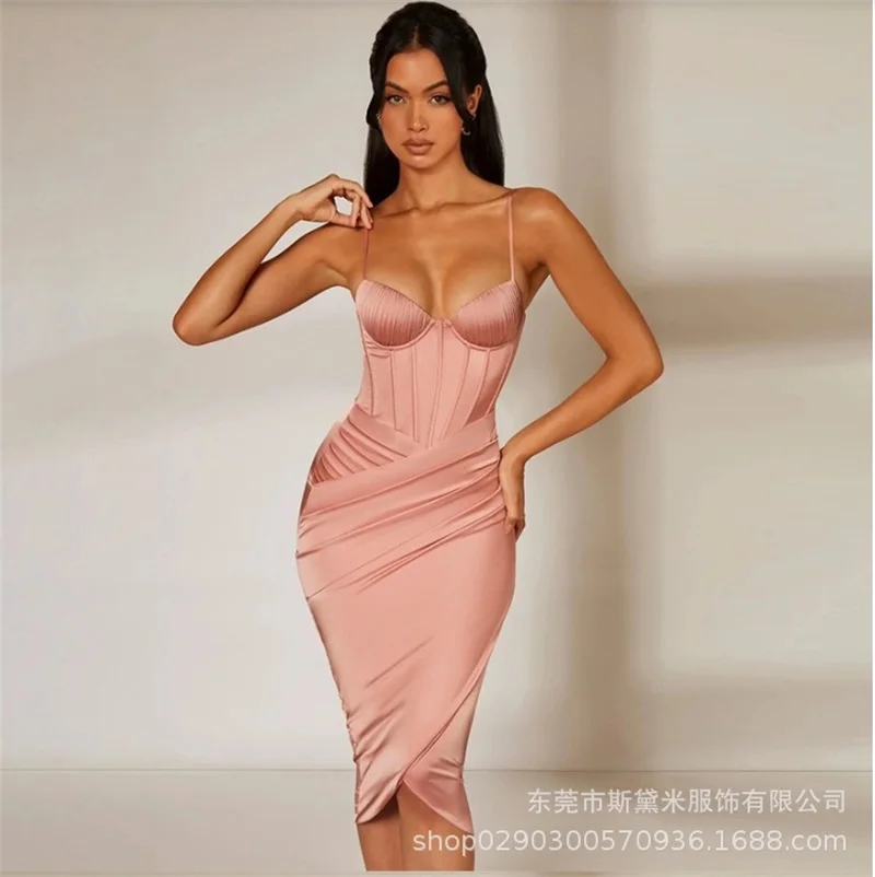 

Облегающее женское платье для выпускного вечера с открытой спиной и разрезом на тонких бретельках, розовое вечернее платье с v-образным вырезом, плиссированная вечерняя юбка, новинка на складе