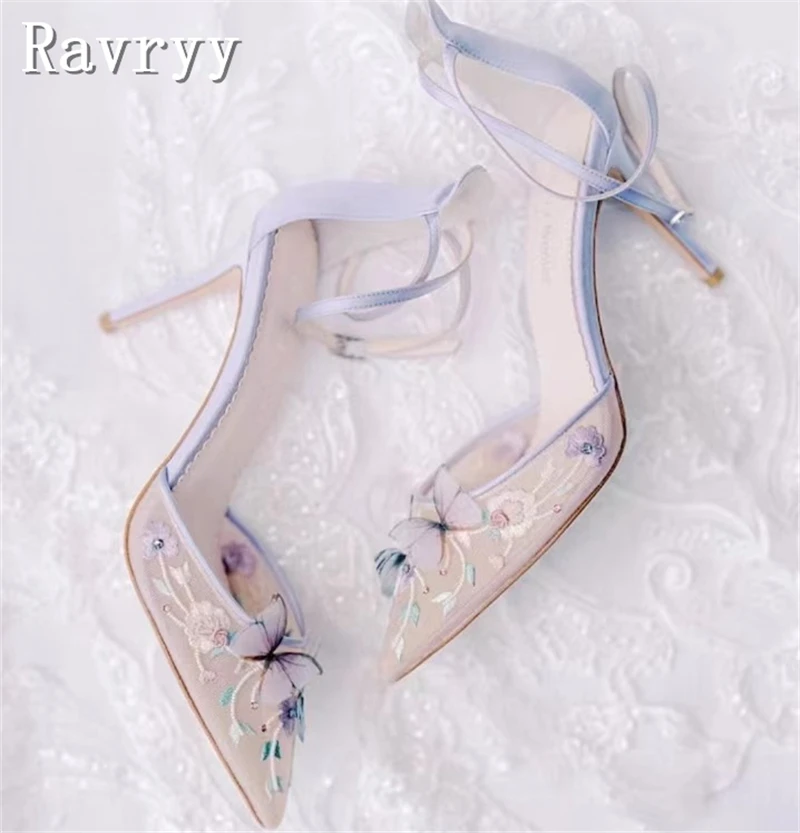 Summer New Butterfly Decor High Heels Pumps Women Elegant Pointed Toe Mesh Embroidery Sandals Wedding Party Dress Shoes