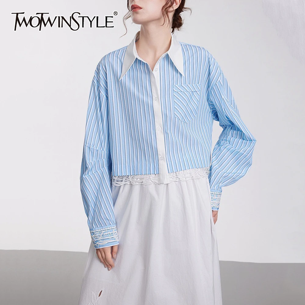 

TWOTWINSTYLE Blue Spliced Striped Basics Shirt Female Lapel Long Sleeve Patchwork Lace Women's Shirts Summer Style Fashion New