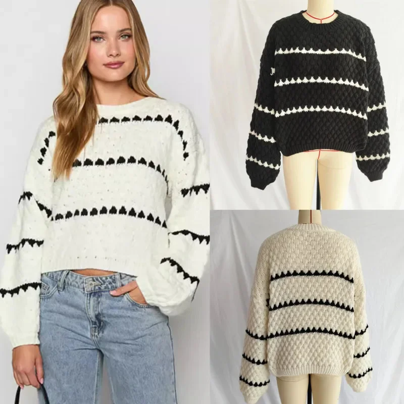 

Diamond Stripe Knitting Sweater Women Winter American Contrast Coarse Needle Fried Dough Twists Stripe O-neck Loose Pullover Top