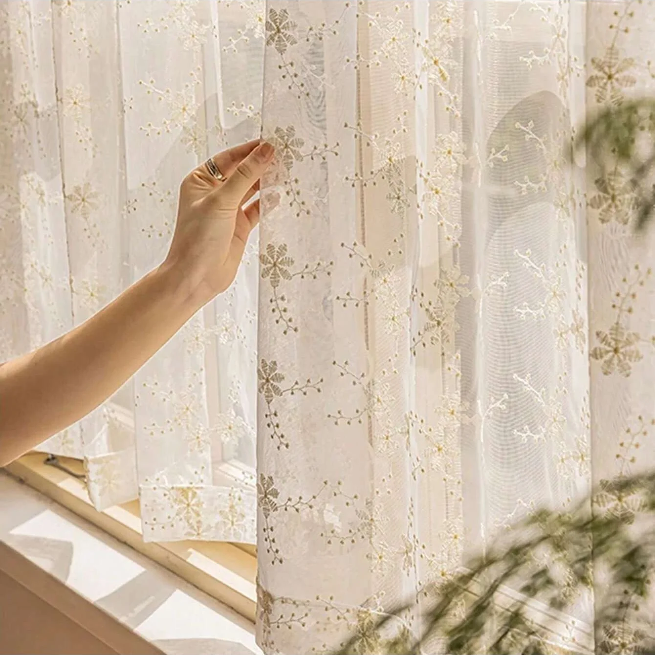 

1pc Vintage Floral Embroidered Lace Curtains for Kitchen,Transparent Sheer Voile Curtain Panels for Bedroom,Sheer Window Drapes